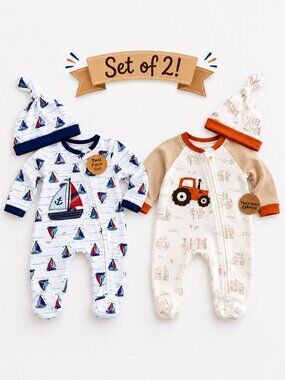 NWT Baby Essentials Baby Boy Footed Sleepers & Caps Set of 2 Various Sizes